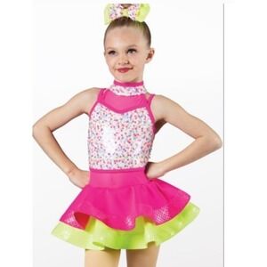 Weissman Girls Dance Costume Sequin Confetti Leotard Tutu Pink Neon Size SC